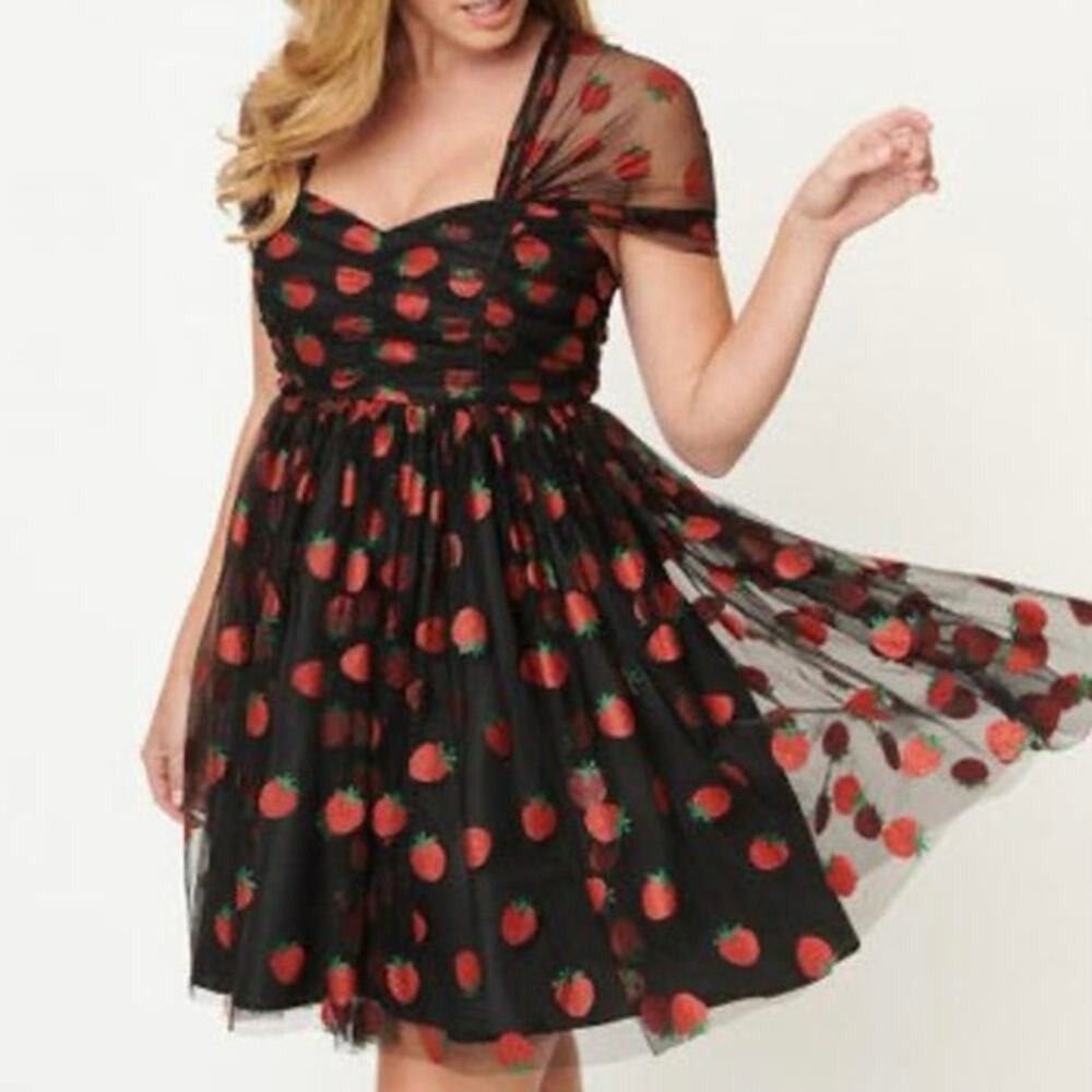 Unique Vintage Black & Glitter Strawberry Heart & Soul Babydoll Dress Small